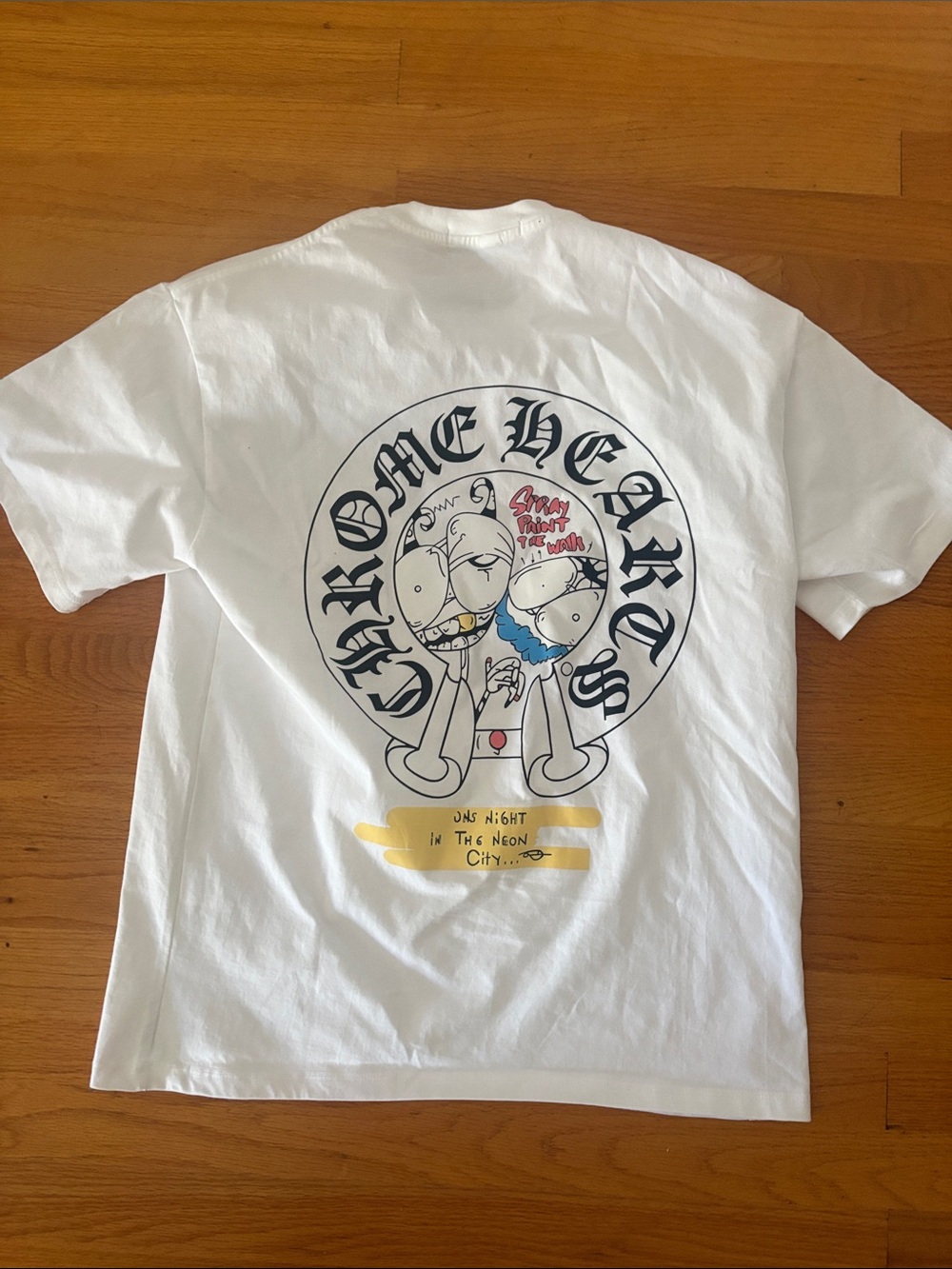 Chrome Hearts White Tee with Black Logo and Multicolor Cartoon Graphic